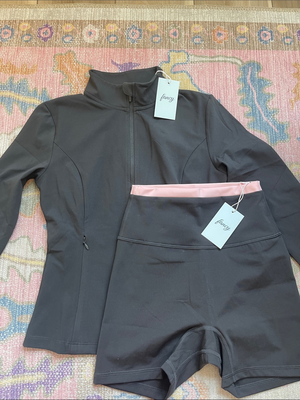 fancy Women's Black Zip Jacket and Black Shorts Set with Pink Trim